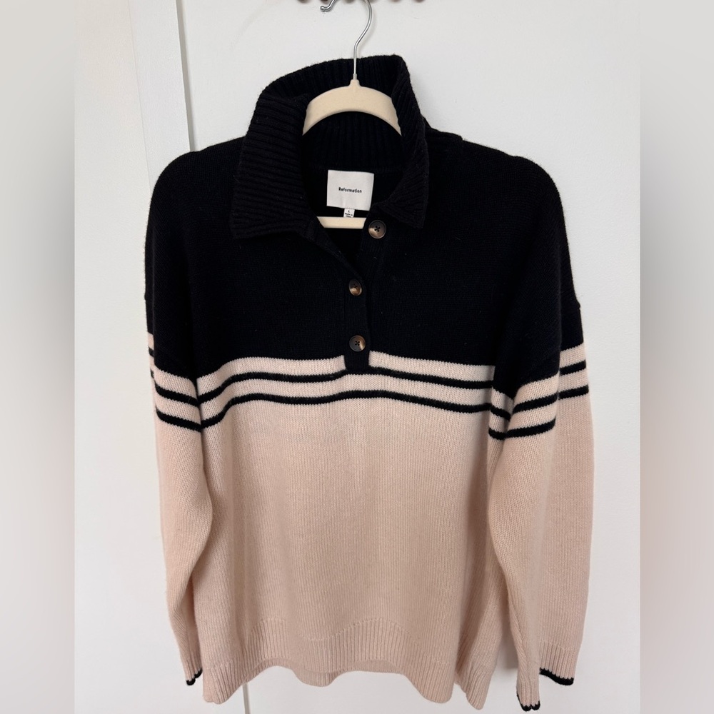 Reformation Brooklyn Cashmere Polo Sweater- Black and Cream Stripe